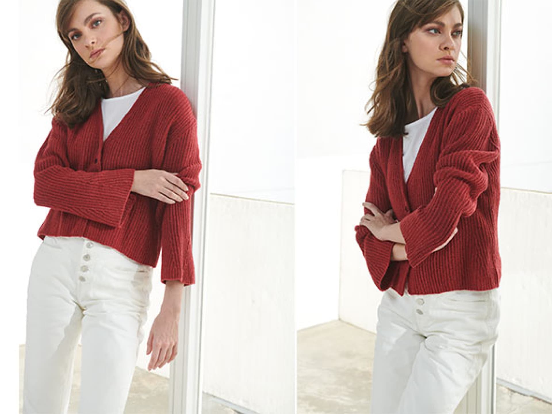 Strickanleitung für die rote Kaschmir-Strickjacke von Lana Grossa Model in roter Strickjacke aus Kaschmir von Lana Grossa