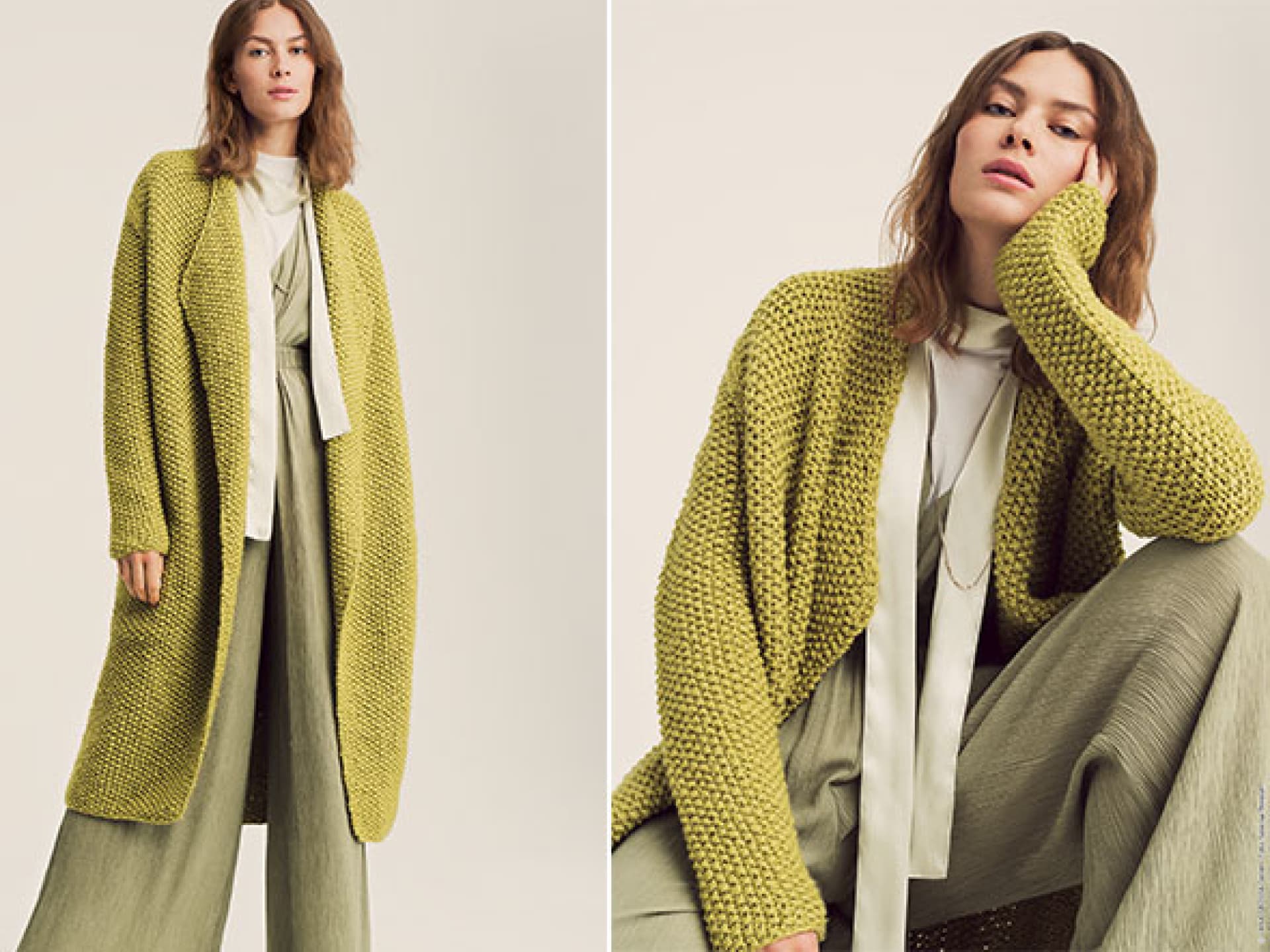 Strickanleitung für den grünen Strickmantel Model in grünem Strickmantel von Lana Grossa