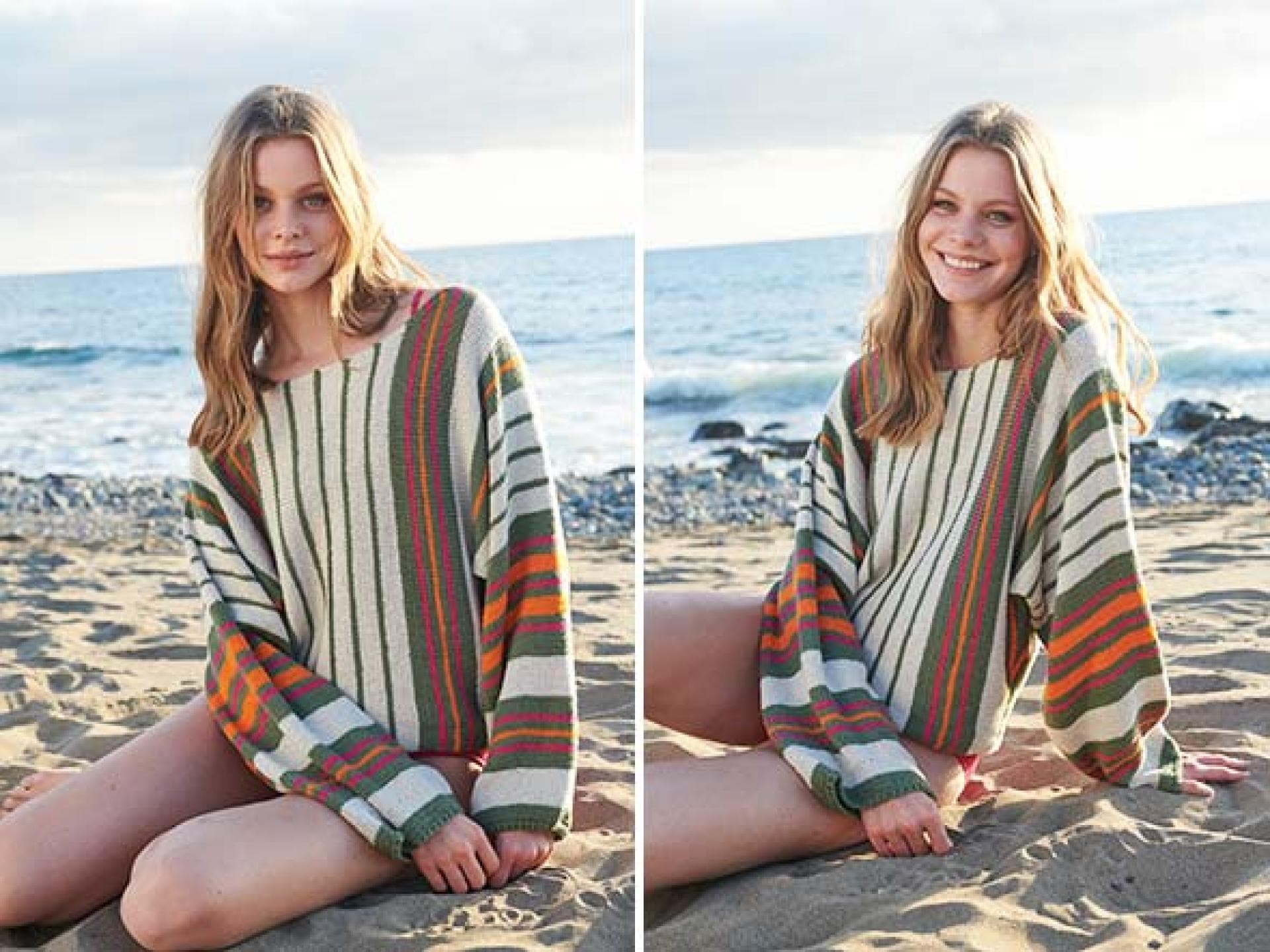 Model in gestreiftem Kimono-Pullover von Lana Grossa Model in gestreiftem Kimono-Pullover von Lana Grossa