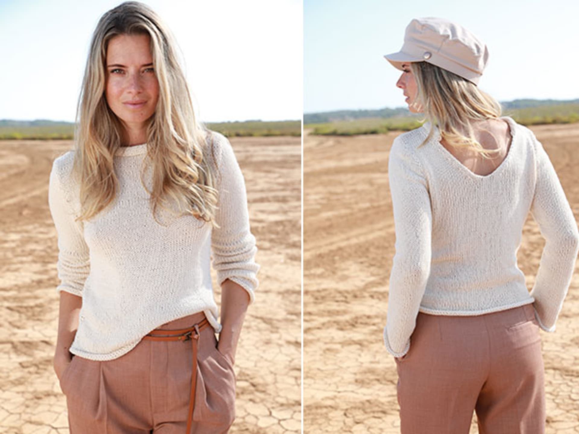 Model in cremefarbenem Sommerpullover mit Rückenausschnitt Model in cremefarbenem Sommerpullover mit Rückenausschnitt