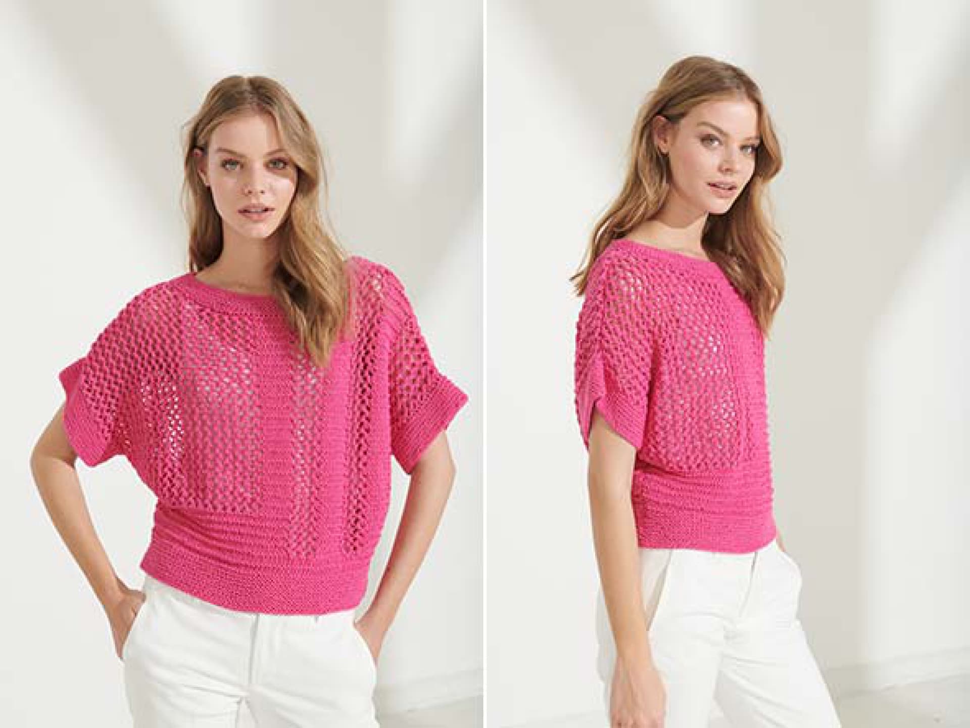 Model in pinkem Kurzarm-Sommerpullover Model in pinkem Kurzarm-Sommerpullover