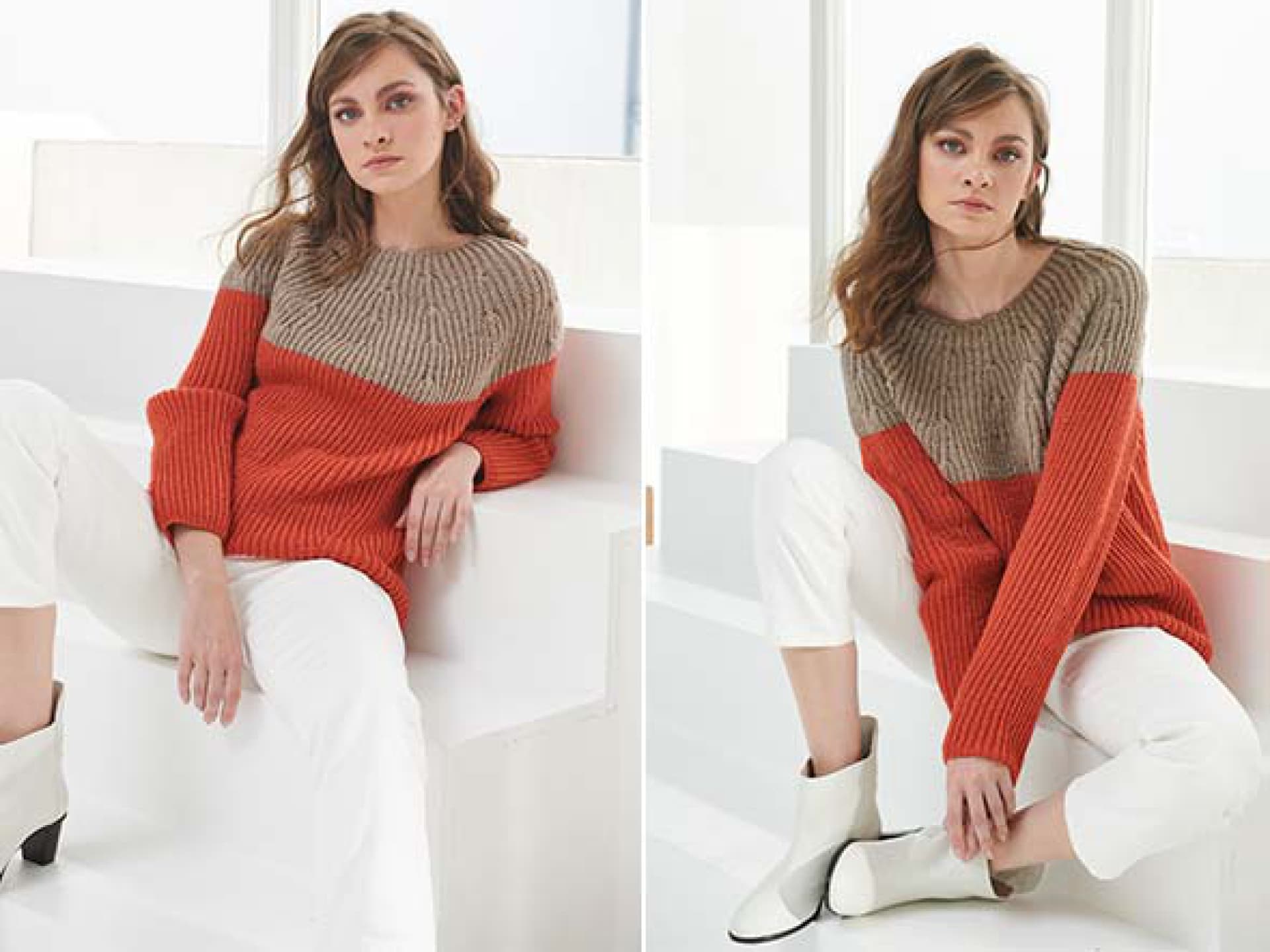 Strickanleitung für den Color-Blocking-Pullover aus Kaschmir von Lana Grossa Model in gestricktem Color-Blocking-Pullover aus Kaschmir von Lana Grossa