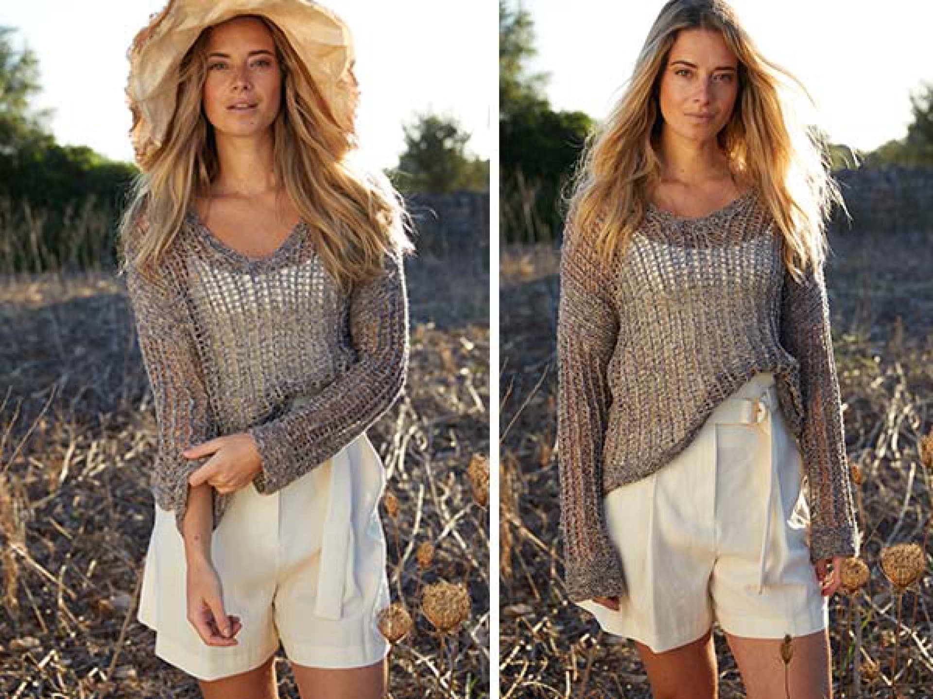 Strickanleitung für den lockeren Pullover mit Lochmuster von Lana Grossa Stricken mit Leinen - Model in lockerem Pullover mit Lochmuster von Lana Grossa