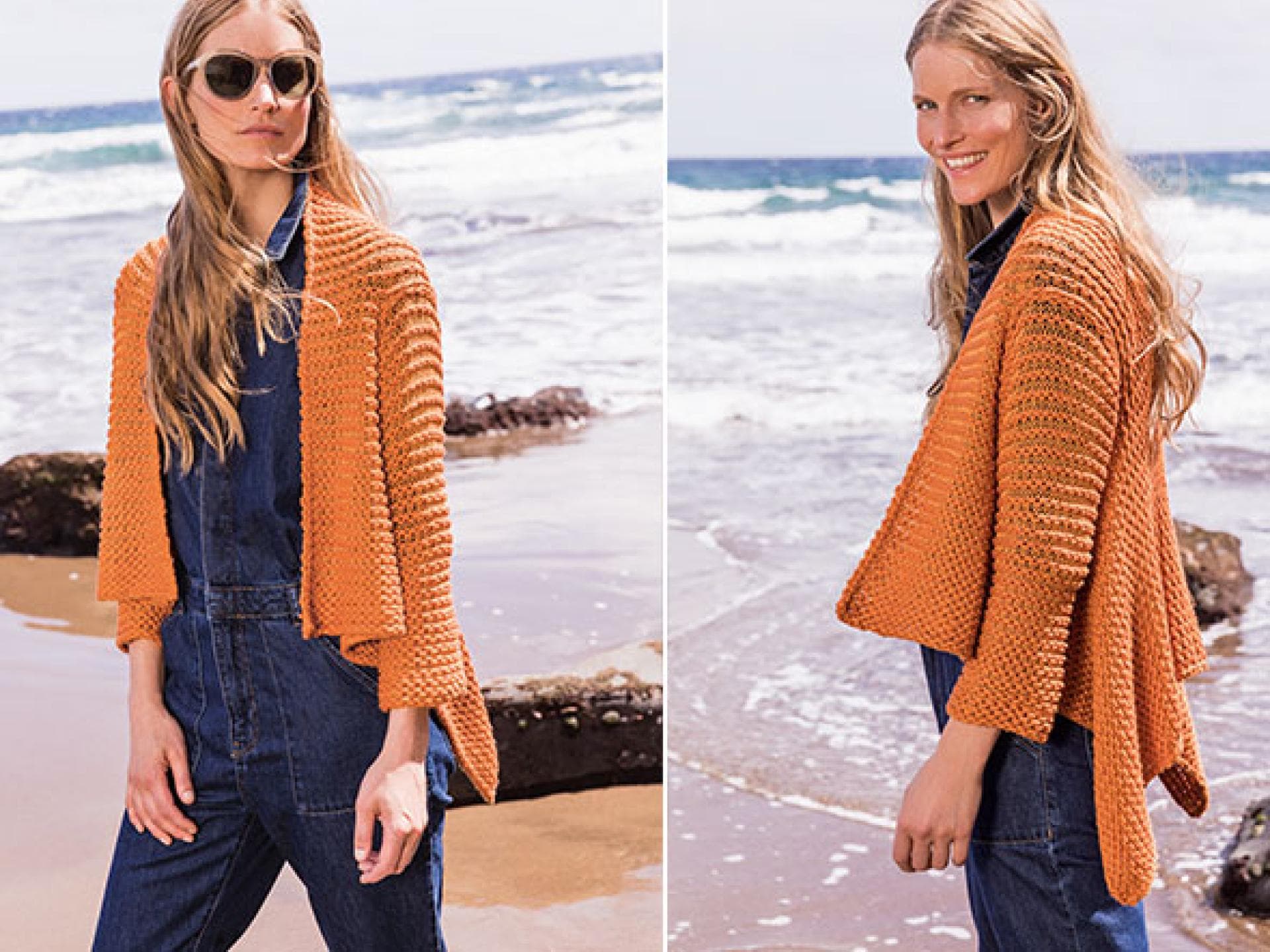 Strickanleitung für die hummerfarbene Strickjacke Stricken mit Seide - Model in hummerfarbener Strickjacke