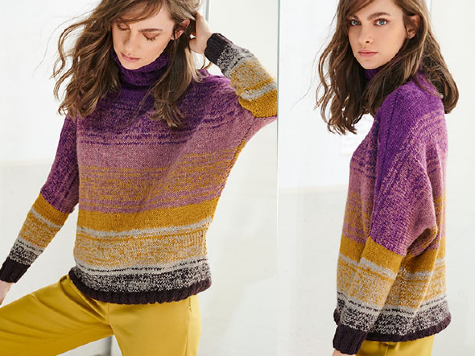 Strickanleitung für den bunten Pullover von Lana Grossa Stricken mit Rundstricknadel - Model in bunten Pullover von Lana Grossa